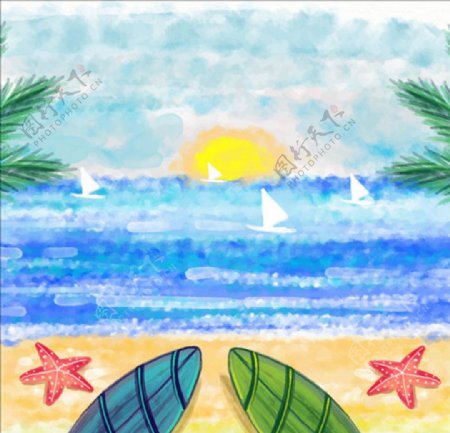 手绘水彩夏季冲浪插图
