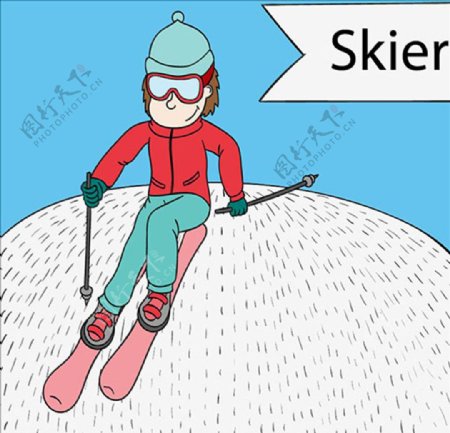 简笔卡通冬季滑雪的男子