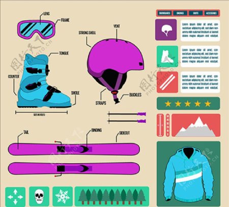 卡通滑雪配件信息图表