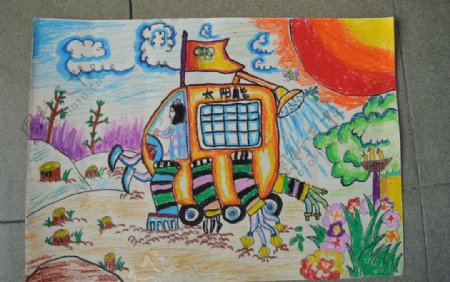 儿童科幻画太阳能耕作机