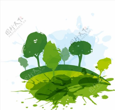 水彩绘绿色自然树木矢量图