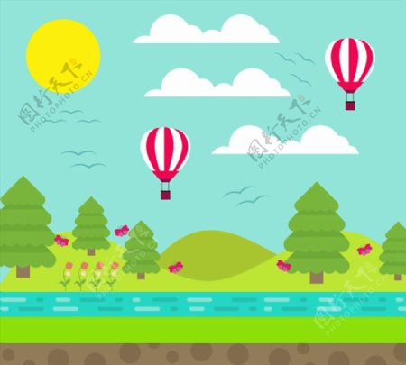 创意郊外热气球和河边风景
