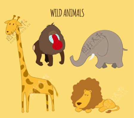 4种卡通野生动物矢量素材