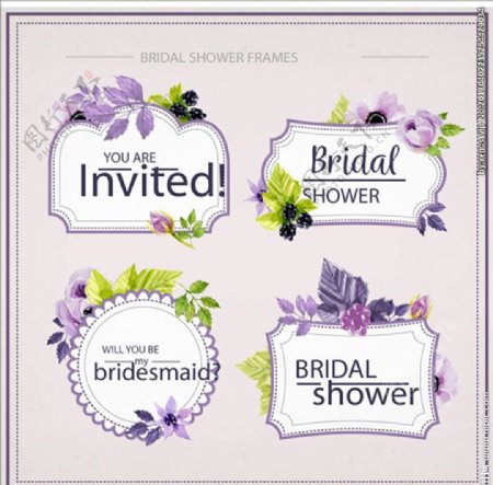 四款水彩花卉婚礼标题框架