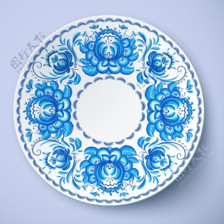 蓝花白瓷盘子设计矢量素材