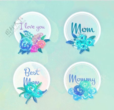 四款母亲节水彩花卉标签