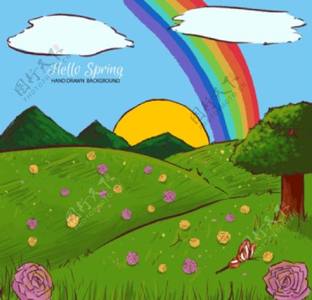 手绘春天彩虹下的山谷