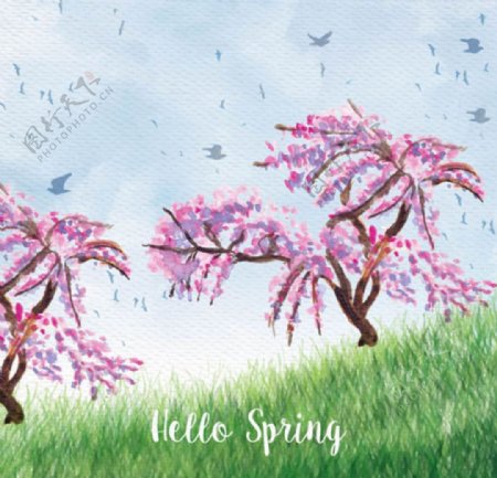 手绘水彩春季草地樱花树