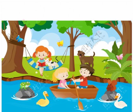 卡通儿童节在小河划船的孩子
