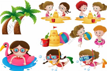卡通儿童节在海边的女孩集