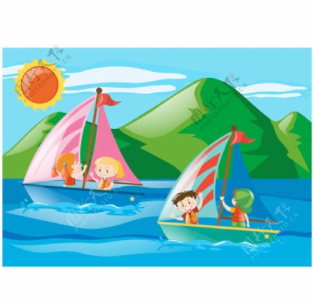 卡通儿童节比赛帆船的孩子