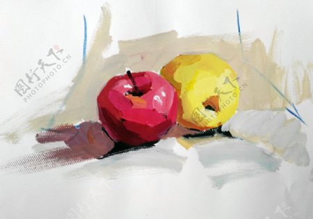 红黄苹果绘画静物装饰画