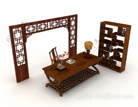 中式复古书桌椅柜3d模型下载