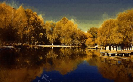 池塘边风景油画图片
