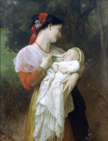 抱着婴儿的女人肖像油画图片