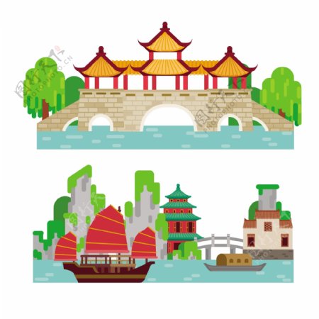 扁平化中国古代建筑房屋矢量素材
