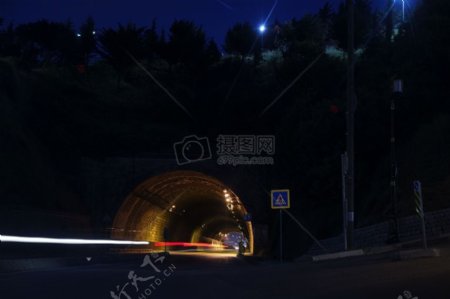 汽车隧道的时间圈摄影夜间时间内树木