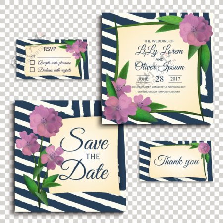 紫色装饰花朵蓝色条纹边框婚礼邀请卡