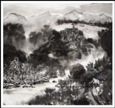 山峰湖泊风景水墨画图片