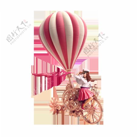 粉色卡通女孩骑单车元素