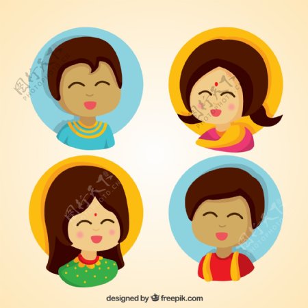 4款卡通印度儿童头像矢量素材