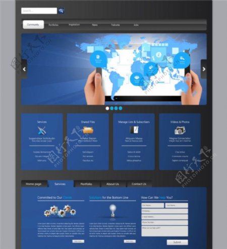 蓝色世界地图网页模板图片
