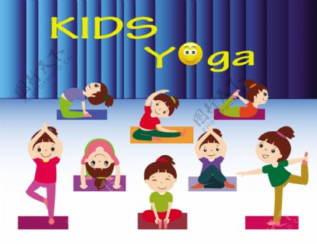 儿童瑜伽矢量插图与各种姿势