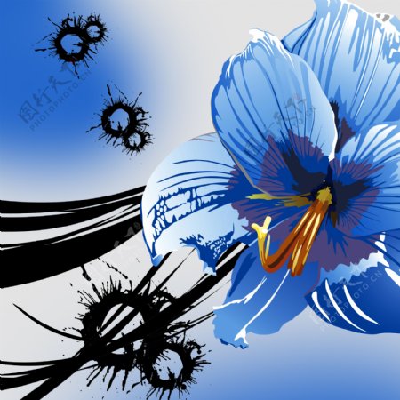 蓝色花朵三联挂画