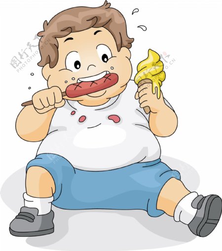 坐着吃的胖儿童插画