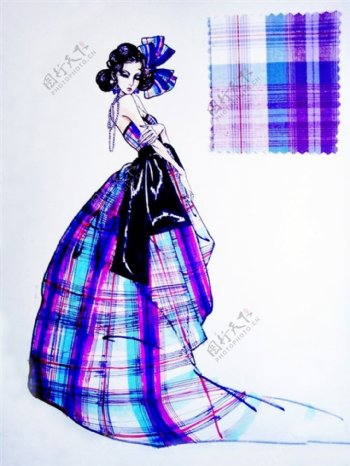 紫色格子抹胸裙设计图