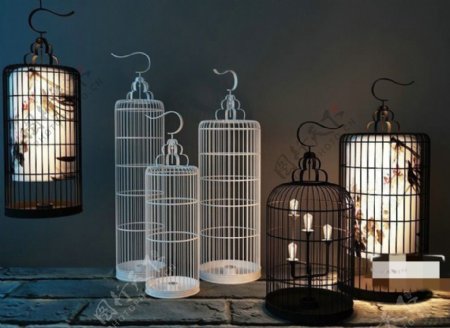 现代中式鸟笼吊灯落地灯组合3D模型