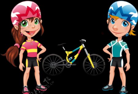 男孩女孩自行车插画免抠png透明图层素材