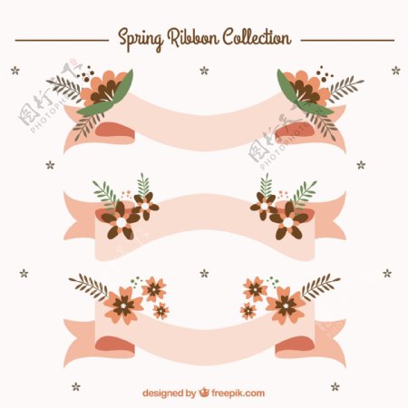 粉红色的丝带和春天的花朵在平面设计