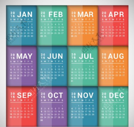 2016彩色长方形年历矢量图