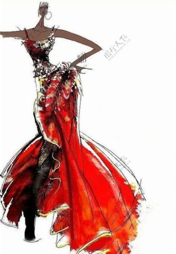 红色吊带长裙设计图