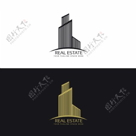 黑色和金色的房地产标志与建筑物