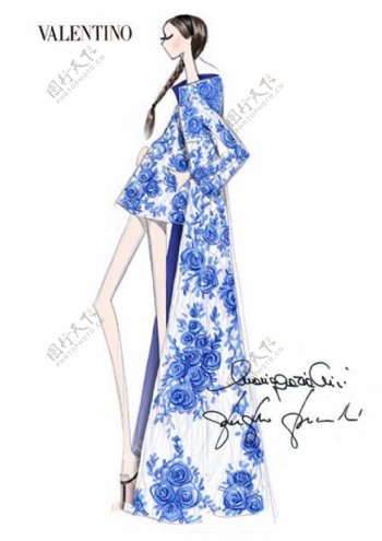 青花瓷花纹长裙设计图
