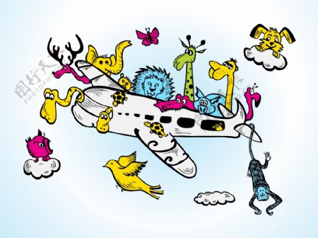 手绘可爱动物飞机插画