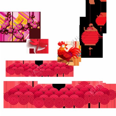 红色扁平化新年祥云和折叠式灯笼海报