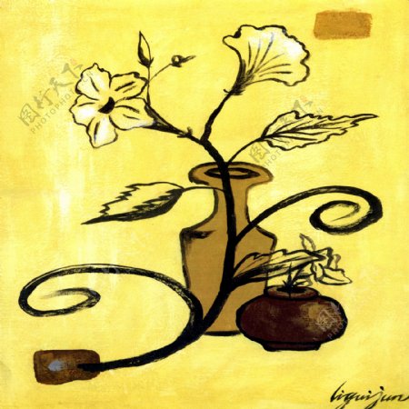 黄色背景下的手绘植物图片