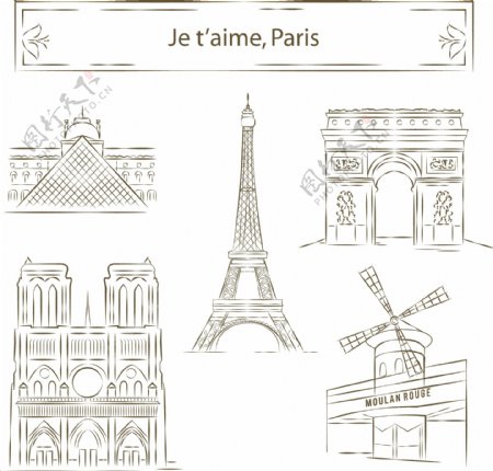 5款手绘巴黎著名建筑矢量素材