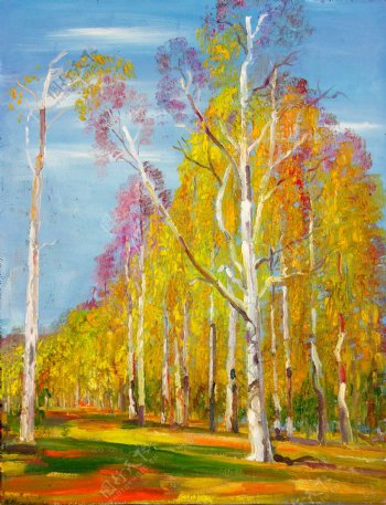 油画秋天树木风景图片