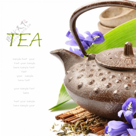 鲜花与茶叶茶壶图片