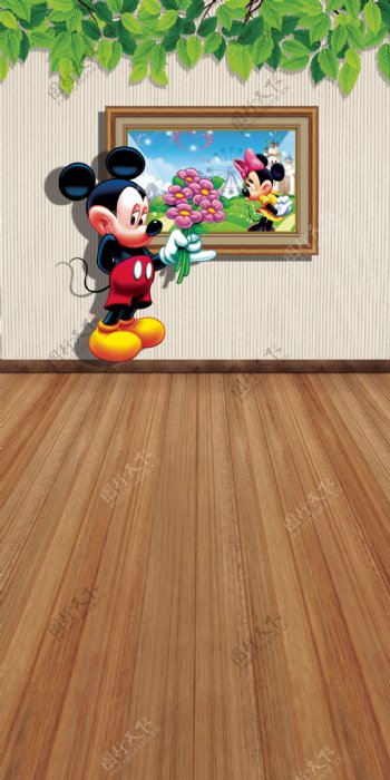 拿着鲜花的米老鼠影楼摄影背景图片