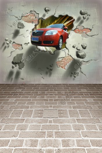 冲破墙壁的小汽车影楼摄影背景图片