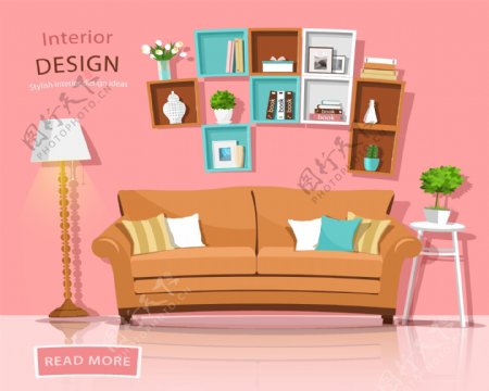 粉色沙发家庭室内房间装饰设计卡通矢量