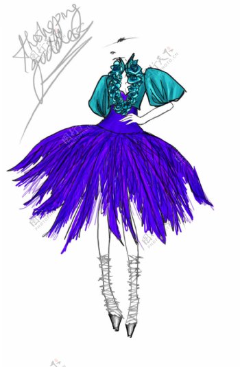 深蓝色羽毛连衣裙设计图