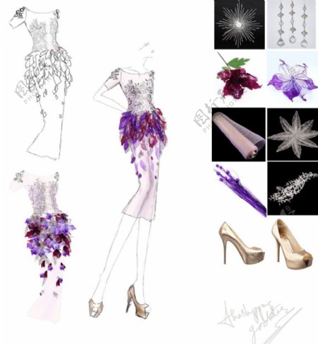 紫色花朵修身裙设计图