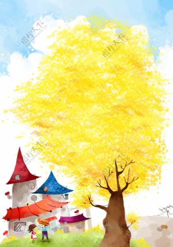秋天树叶房子手绘背景