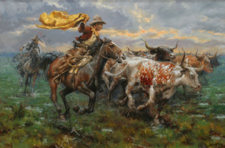 草原上奔跑的牛仔男人油画图片